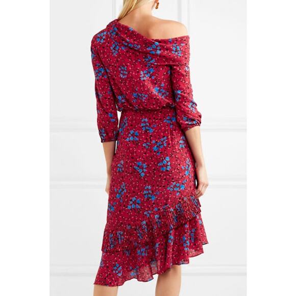SALONI Lexie Red Floral Asymmetrical Ruffle Pleat Cold Shoulder Silk Dress US 0 - Picture 3 of 10